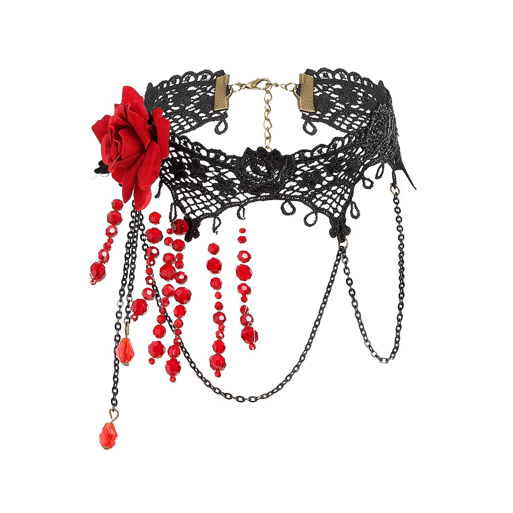 This gothic vampire Lolita choker is designed with lace, roses, and delicate tassels for a dramatic Halloween look. The striking blood drop pendant adds mystery and dark romance, while the vintage details highlight Lolita elegance. Perfect for cosplay, themed parties, or alternative fashion styling, this accessory captures the essence of gothic beauty with a hauntingly alluring charm.
