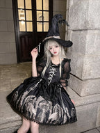 Gothic Vintage Halloween Slip Dress Black Print Lolita Elegant Dress Jumper Skirt