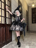 Gothic Vintage Halloween Slip Dress Black Print Lolita Elegant Dress Jumper Skirt