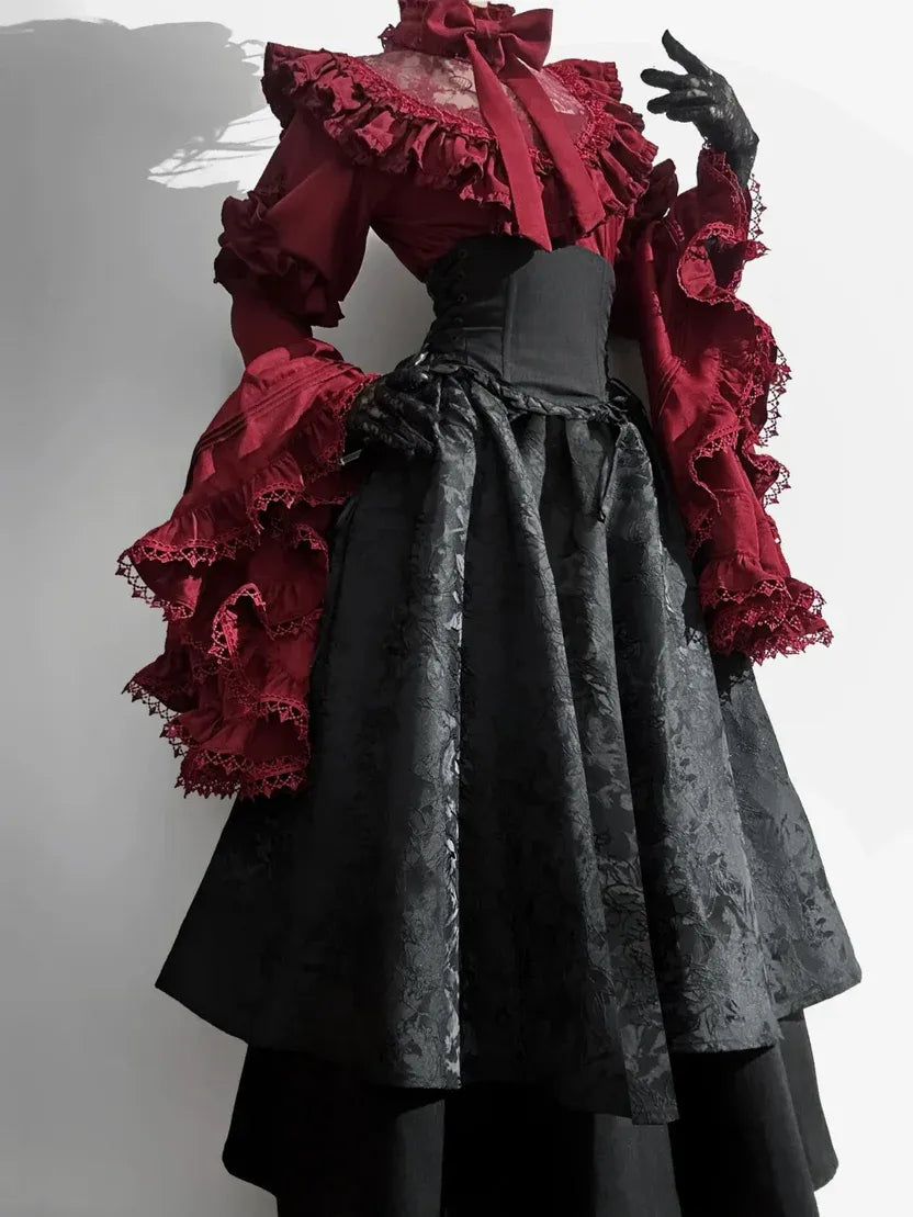 Gothic Lolita Christmas Clothing Black and Red Goth Long Dress Shirt Sleeve Skirt OP