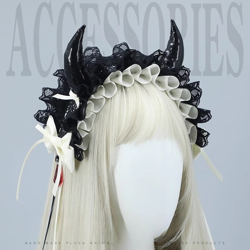 This gothic Lolita horn headband is crafted for a dramatic and elegant Halloween look. Designed with dark tones and ornate details, it combines Lolita sweetness with gothic mystery. The horn design adds playful fantasy, while its versatile style makes it suitable for cosplay, themed parties, or daily Lolita fashion. A striking accessory to complete any dark, enchanting outfit.