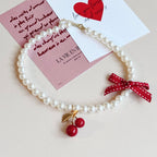 Handmade Cherry Bow Bead String Necklace Clavicle Chain Sweet Japanese Korean Japanese White Red Christmas