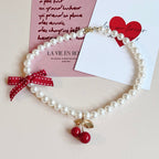 Handmade Cherry Bow Bead String Necklace Clavicle Chain Sweet Japanese Korean Japanese White Red Christmas