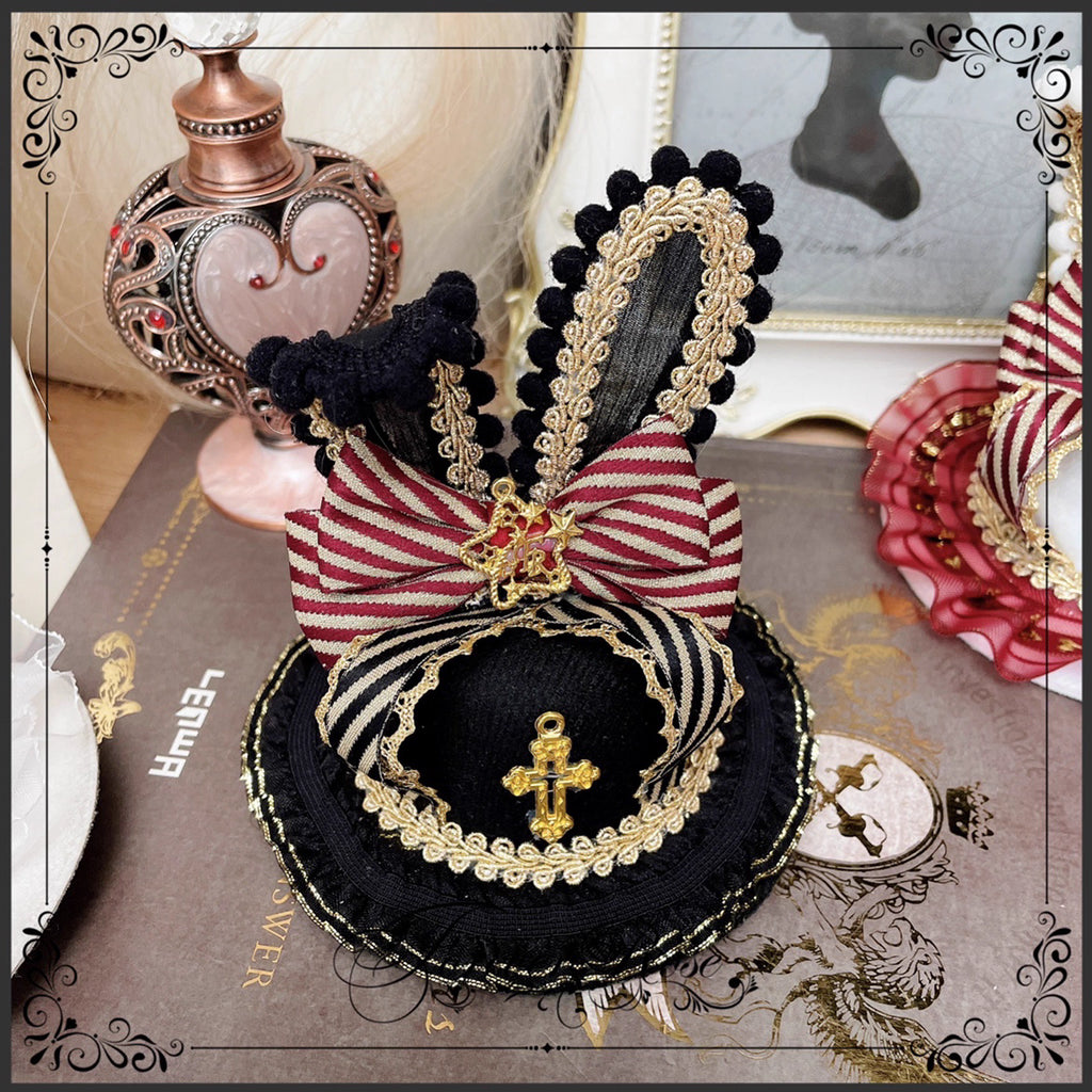 The Eternal Rose handmade accessory set combines playful bunny ears with a charming mini top hat hair clip, crafted for a whimsical Lolita look. Designed with gothic elegance and festive Halloween flair, it balances sweetness with dramatic fantasy. Perfect for cosplay, themed parties, or photo shoots, this set offers versatile styling that enhances Lolita fashion with originality and charm.