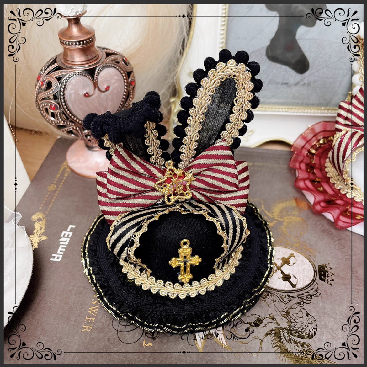 The Eternal Rose handmade accessory set combines playful bunny ears with a charming mini top hat hair clip, crafted for a whimsical Lolita look. Designed with gothic elegance and festive Halloween flair, it balances sweetness with dramatic fantasy. Perfect for cosplay, themed parties, or photo shoots, this set offers versatile styling that enhances Lolita fashion with originality and charm.