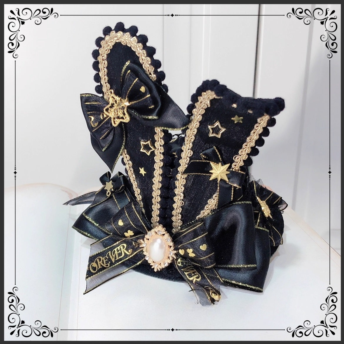 The Eternal Rose handmade accessory set combines playful bunny ears with a charming mini top hat hair clip, crafted for a whimsical Lolita look. Designed with gothic elegance and festive Halloween flair, it balances sweetness with dramatic fantasy. Perfect for cosplay, themed parties, or photo shoots, this set offers versatile styling that enhances Lolita fashion with originality and charm.