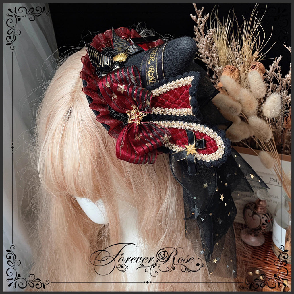 The Eternal Rose handmade accessory set combines playful bunny ears with a charming mini top hat hair clip, crafted for a whimsical Lolita look. Designed with gothic elegance and festive Halloween flair, it balances sweetness with dramatic fantasy. Perfect for cosplay, themed parties, or photo shoots, this set offers versatile styling that enhances Lolita fashion with originality and charm.