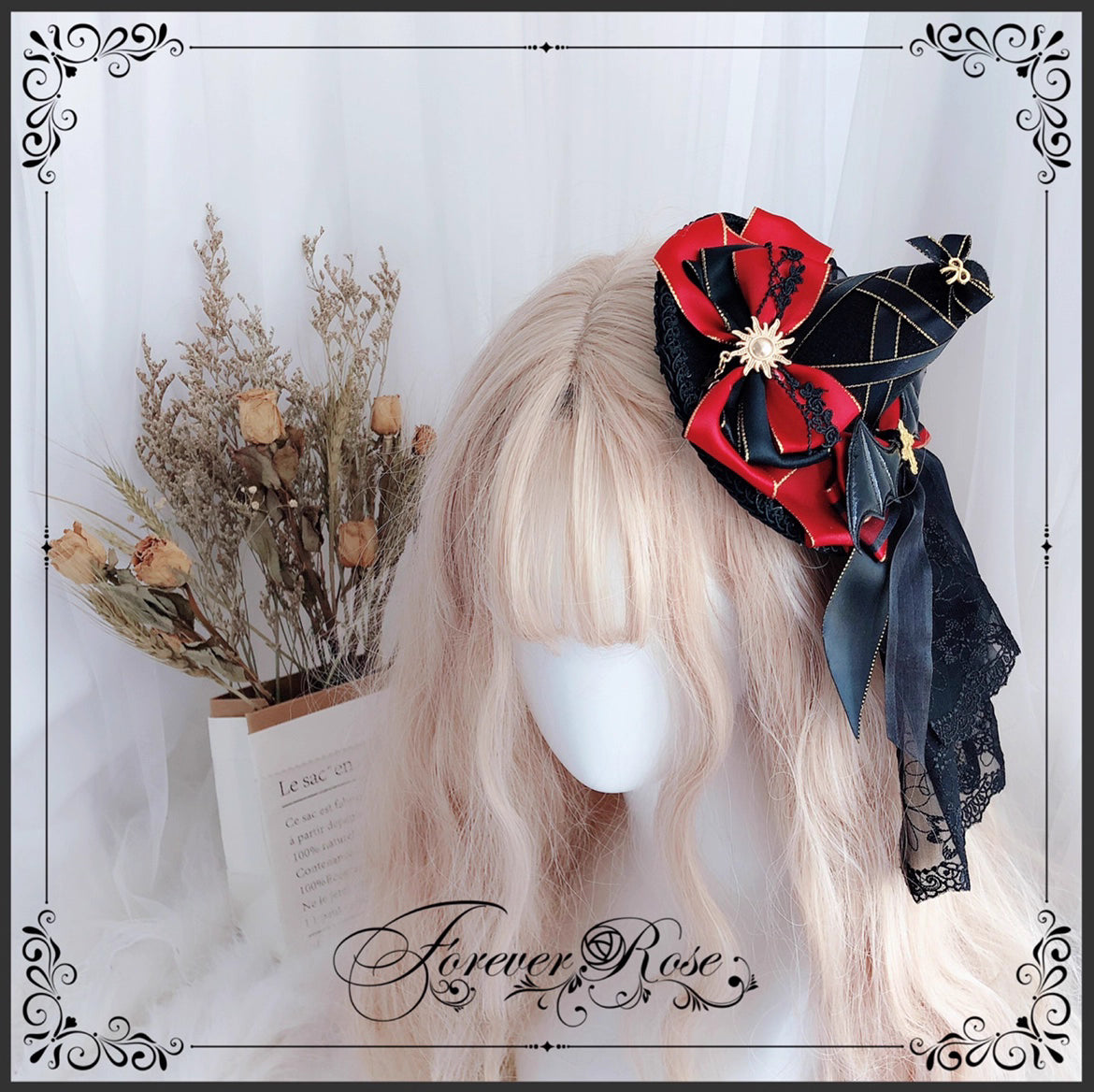 The Eternal Rose handmade accessory set combines playful bunny ears with a charming mini top hat hair clip, crafted for a whimsical Lolita look. Designed with gothic elegance and festive Halloween flair, it balances sweetness with dramatic fantasy. Perfect for cosplay, themed parties, or photo shoots, this set offers versatile styling that enhances Lolita fashion with originality and charm.