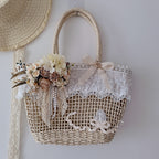 Handmade Hollow Lace Vintage Rose Flowers Straw Bag Summer Handbag Lolita Pastoral