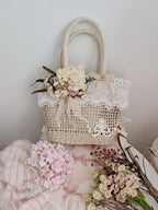 Handmade Hollow Lace Vintage Rose Flowers Straw Bag Summer Handbag Lolita Pastoral