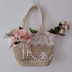 Handmade Hollow Lace Vintage Rose Flowers Straw Bag Summer Handbag Lolita Pastoral