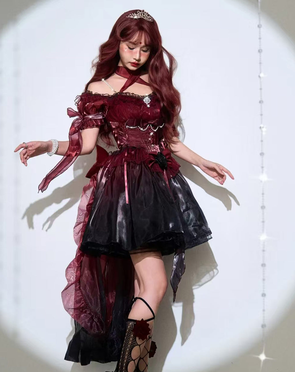 Hime Loita Red Black Romantic Irregular Gradient Ball Gown Dress with Bowknot Tailing Party Daily