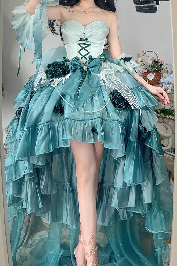 [Pre] Hime Lolita Amber Green Elegant Embroidery Bow Tie Asymmetrical Short Front Long Back Sweet Ballet Lolita JSK Long Version
