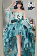 [Pre] Hime Lolita Amber Green Elegant Embroidery Bow Tie Asymmetrical Short Front Long Back Sweet Ballet Lolita JSK Long Version