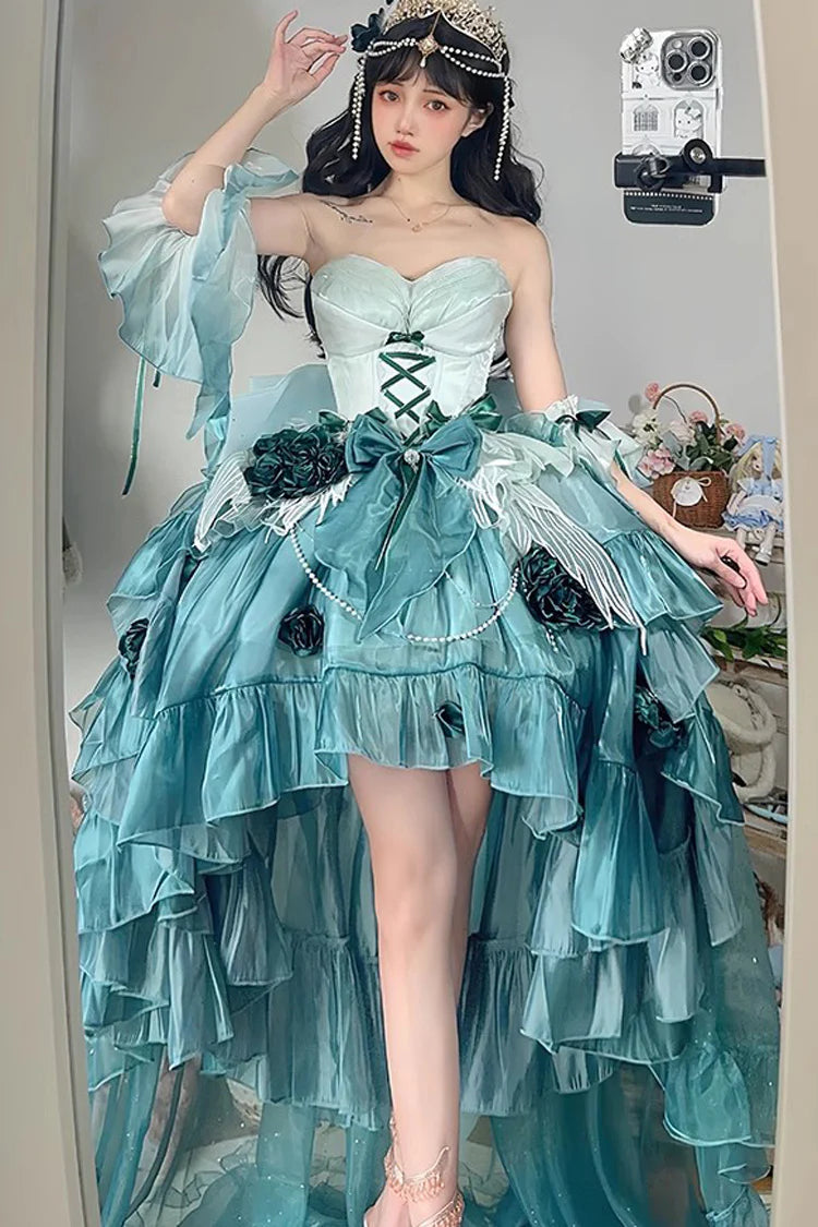[Pre] Hime Lolita Amber Green Elegant Embroidery Bow Tie Asymmetrical Short Front Long Back Sweet Ballet Lolita JSK Long Version
