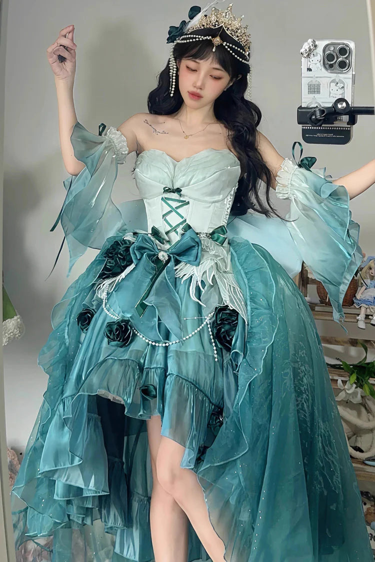 [Pre] Hime Lolita Amber Green Elegant Embroidery Bow Tie Asymmetrical Short Front Long Back Sweet Ballet Lolita JSK Long Version