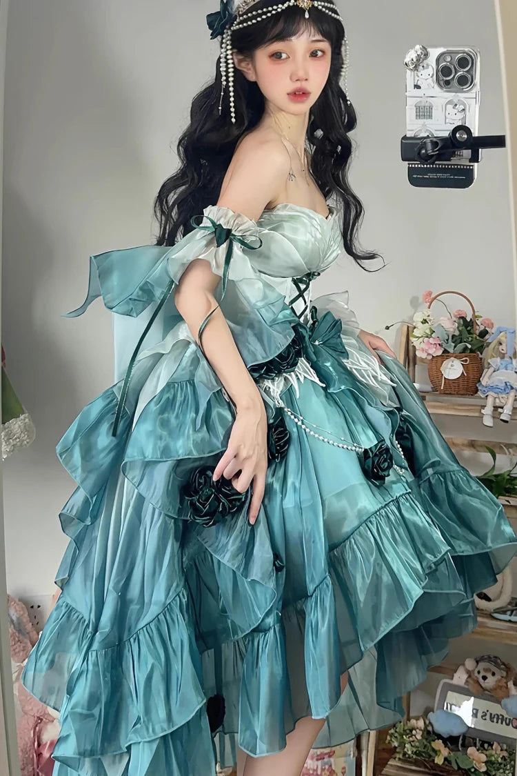 [Pre] Hime Lolita Amber Green Elegant Embroidery Bow Tie Asymmetrical Short Front Long Back Sweet Ballet Lolita JSK Long Version