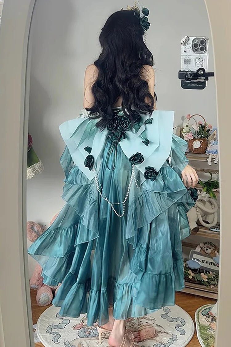 [Pre] Hime Lolita Amber Green Elegant Embroidery Bow Tie Asymmetrical Short Front Long Back Sweet Ballet Lolita JSK Long Version