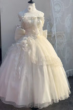 [Pre] Hime Lolita Apricot Elegant Off Shoulder Lace Bow Asymmetrical Sweet Princess Lolita Dress