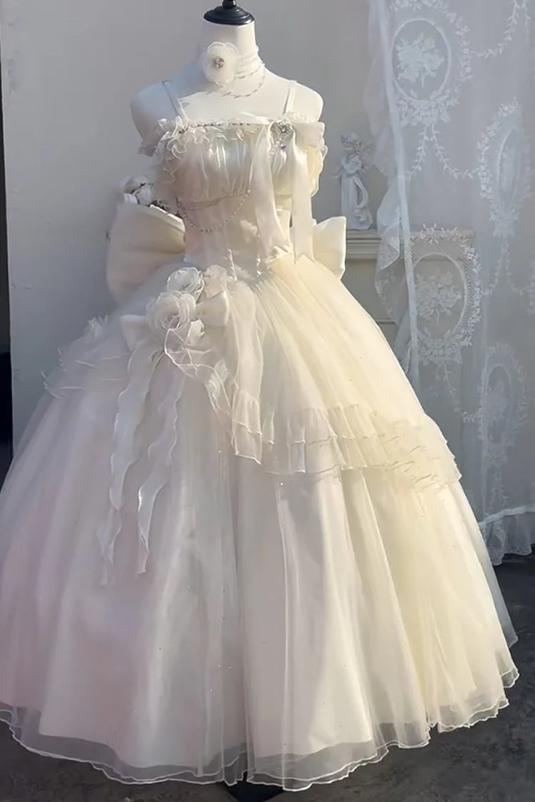 [Pre] Hime Lolita Apricot Elegant Off Shoulder Lace Bow Asymmetrical Sweet Princess Lolita Dress