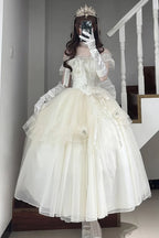 [Pre] Hime Lolita Apricot Elegant Off Shoulder Lace Bow Asymmetrical Sweet Princess Lolita Dress