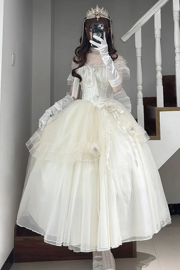 [Pre] Hime Lolita Apricot Elegant Off Shoulder Lace Bow Asymmetrical Sweet Princess Lolita Dress