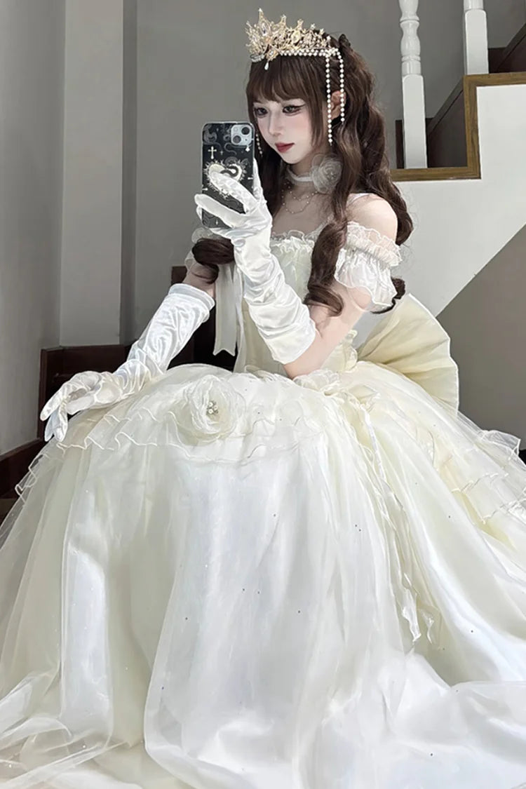 [Pre] Hime Lolita Apricot Elegant Off Shoulder Lace Bow Asymmetrical Sweet Princess Lolita Dress