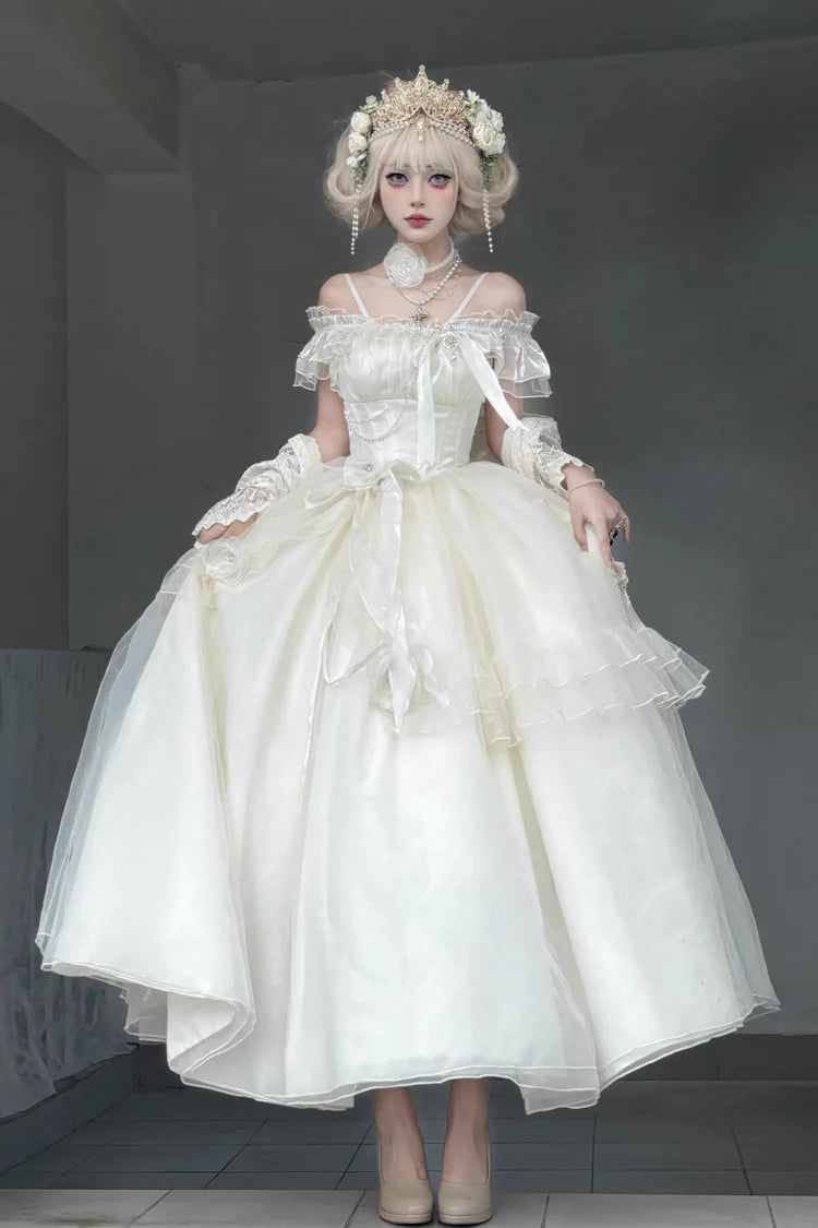 [Pre] Hime Lolita Apricot Elegant Off Shoulder Lace Bow Asymmetrical Sweet Princess Lolita Dress