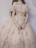Hime Lolita Apricot Lace Flowers Elegant Bridal Wedding Rococo Ball Gown Long Dress
