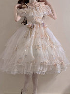 Hime Lolita Apricot Lace Flowers Elegant Bridal Wedding Rococo Ball Gown Long Dress