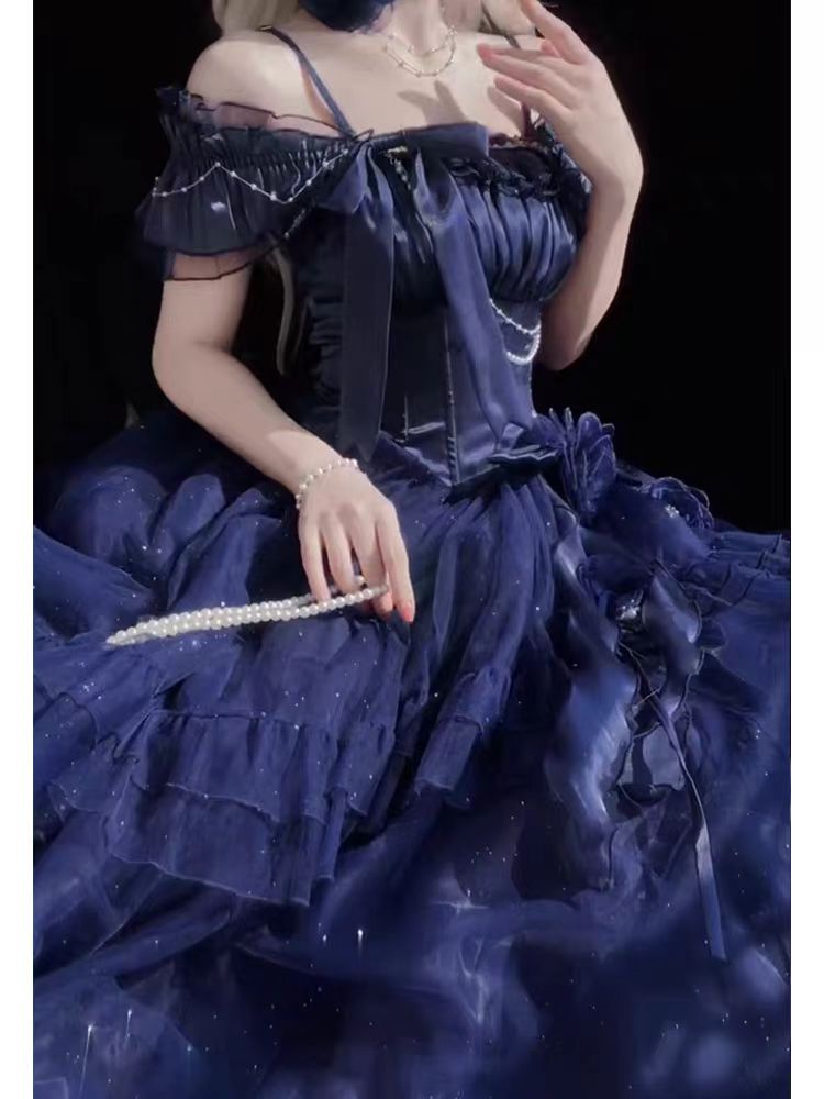 Hime Lolita Blue Starry  Off Shoulder Lace Bow Asymmetrical Sweet Elegant Princess Lolita Dress