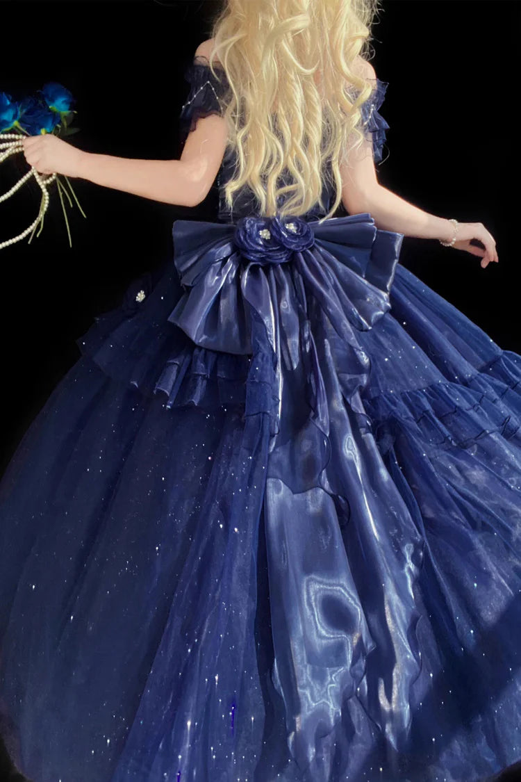 Hime Lolita Blue Starry  Off Shoulder Lace Bow Asymmetrical Sweet Elegant Princess Lolita Dress