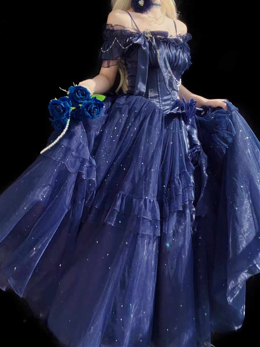 Hime Lolita Blue Starry  Off Shoulder Lace Bow Asymmetrical Sweet Elegant Princess Lolita Dress