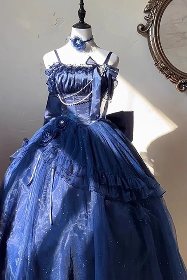 Hime Lolita Blue Starry  Off Shoulder Lace Bow Asymmetrical Sweet Elegant Princess Lolita Dress