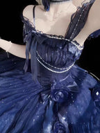 Hime Lolita Blue Starry  Off Shoulder Lace Bow Asymmetrical Sweet Elegant Princess Lolita Dress