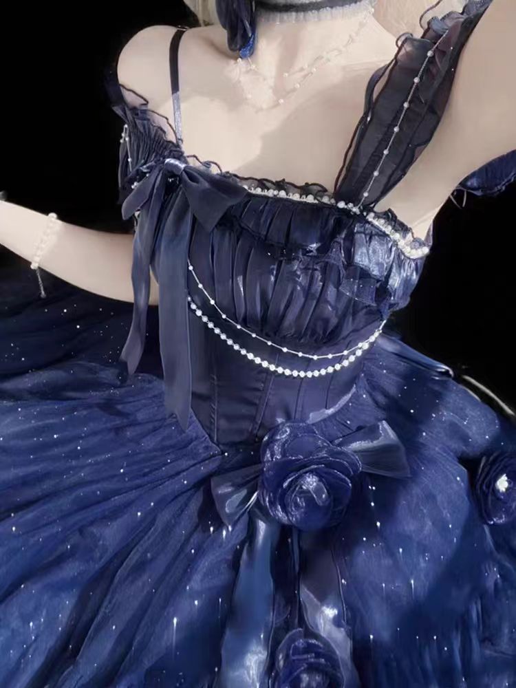 Hime Lolita Blue Starry  Off Shoulder Lace Bow Asymmetrical Sweet Elegant Princess Lolita Dress