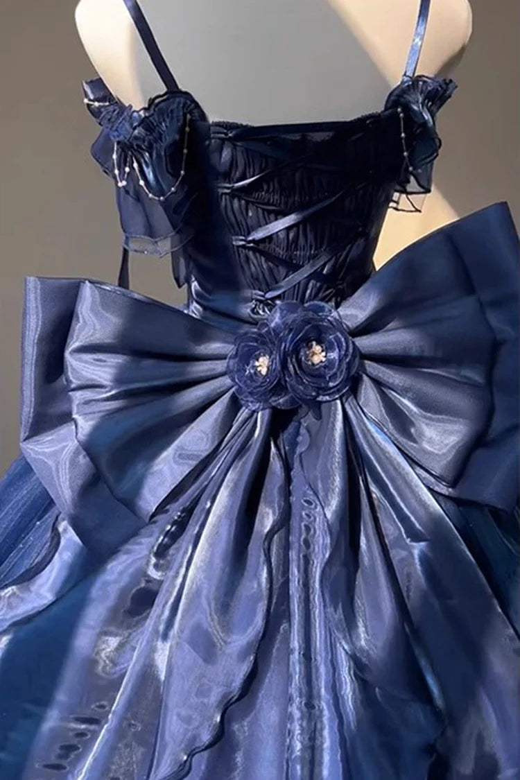Hime Lolita Blue Starry  Off Shoulder Lace Bow Asymmetrical Sweet Elegant Princess Lolita Dress
