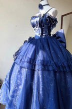Hime Lolita Blue Starry  Off Shoulder Lace Bow Asymmetrical Sweet Elegant Princess Lolita Dress