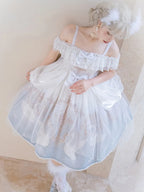 Hime Lolita Blue White Swan Motif Dress Short Sleeve one-piece Dress Lolita Clothes