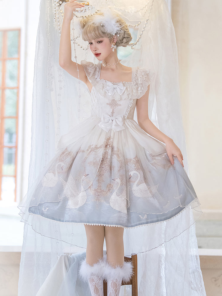 Hime Lolita Blue White Swan Motif Dress Short Sleeve one-piece Dress Lolita Clothes
