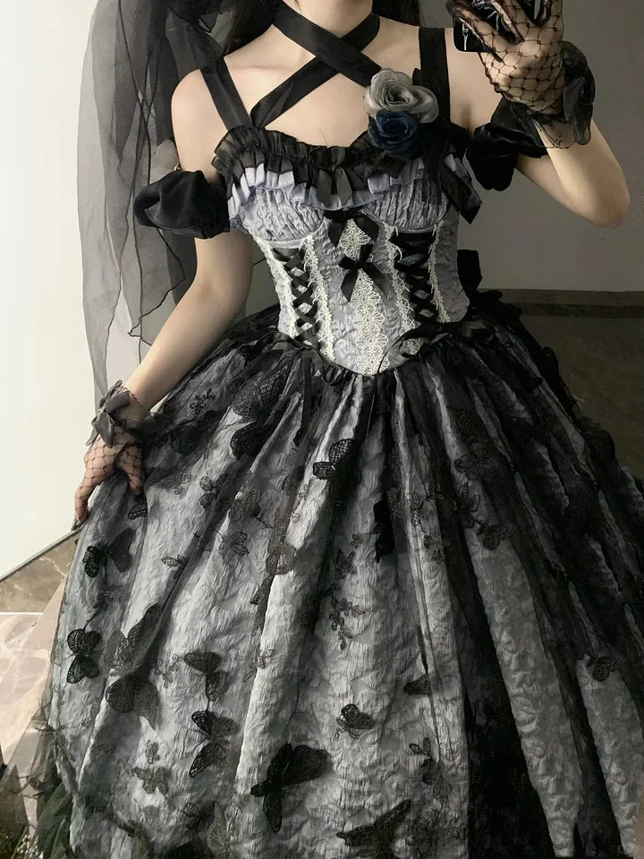 Hime Lolita Tea Party Blue-pink Rose Wedding Ruffles Flowers Floral Print Dresses Graduation Ceremony