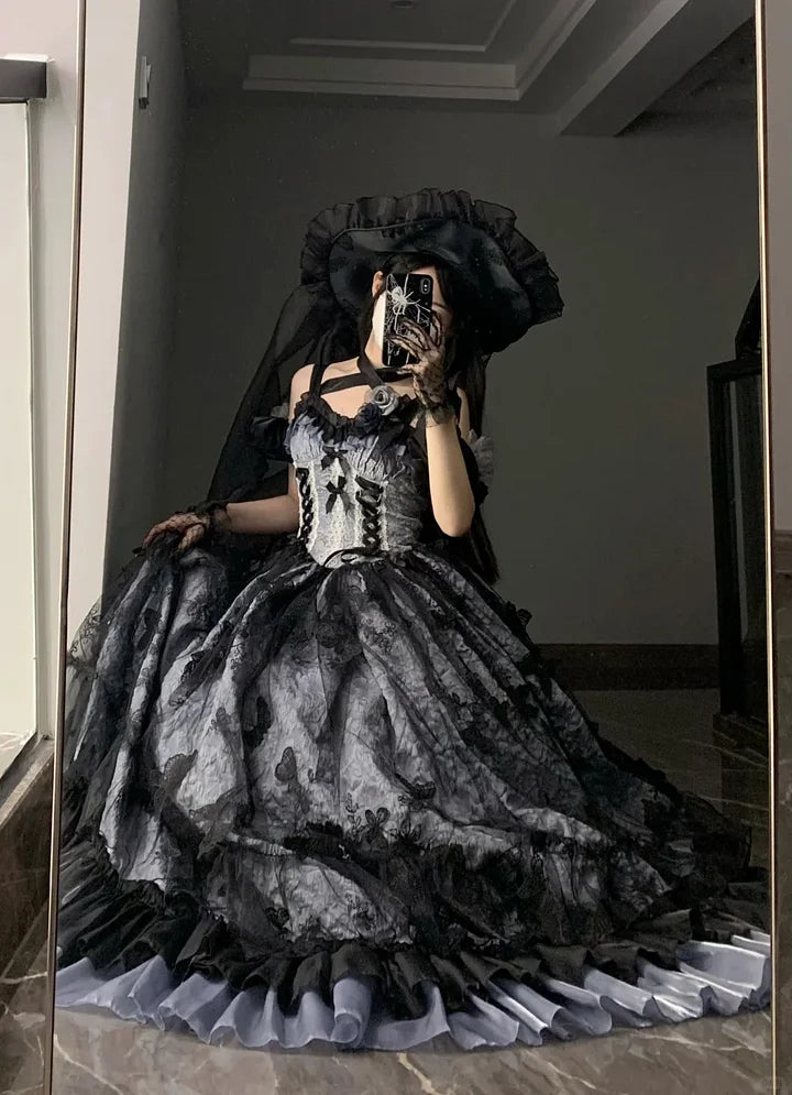 Hime Lolita Tea Party Blue-pink Rose Wedding Ruffles Flowers Floral Print Dresses Graduation Ceremony