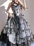 Hime Lolita Tea Party Blue-pink Rose Wedding Ruffles Flowers Floral Print Dresses Graduation Ceremony