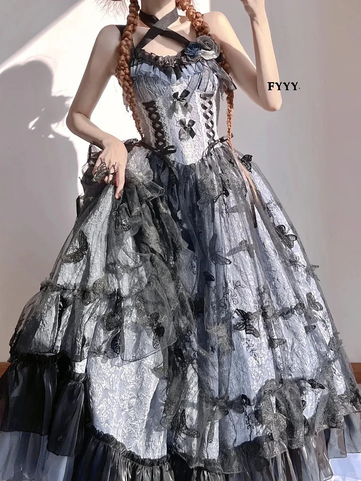 Hime Lolita Tea Party Blue-pink Rose Wedding Ruffles Flowers Floral Print Dresses Graduation Ceremony