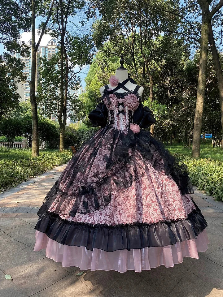 Hime Lolita Tea Party Blue-pink Rose Wedding Ruffles Flowers Floral Print Dresses Graduation Ceremony