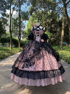 Hime Lolita Tea Party Blue-pink Rose Wedding Ruffles Flowers Floral Print Dresses Graduation Ceremony