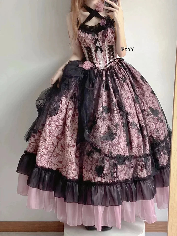 Hime Lolita Tea Party Blue-pink Rose Wedding Ruffles Flowers Floral Print Dresses Graduation Ceremony