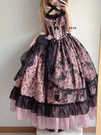 Hime Lolita Tea Party Blue-pink Rose Wedding Ruffles Flowers Floral Print Dresses Graduation Ceremony
