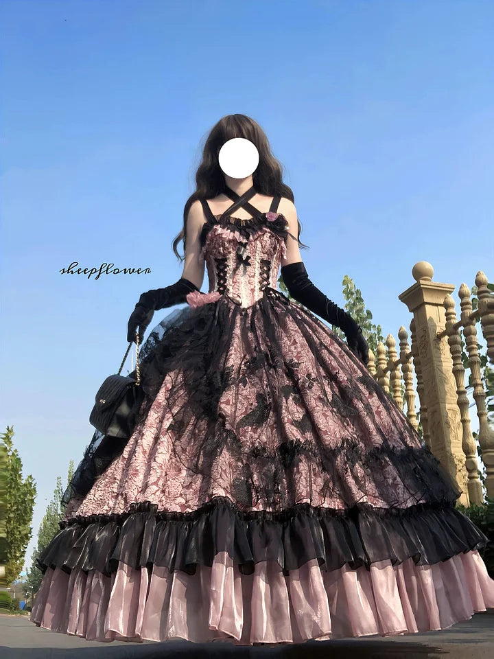 Hime Lolita Tea Party Blue-pink Rose Wedding Ruffles Flowers Floral Print Dresses Graduation Ceremony