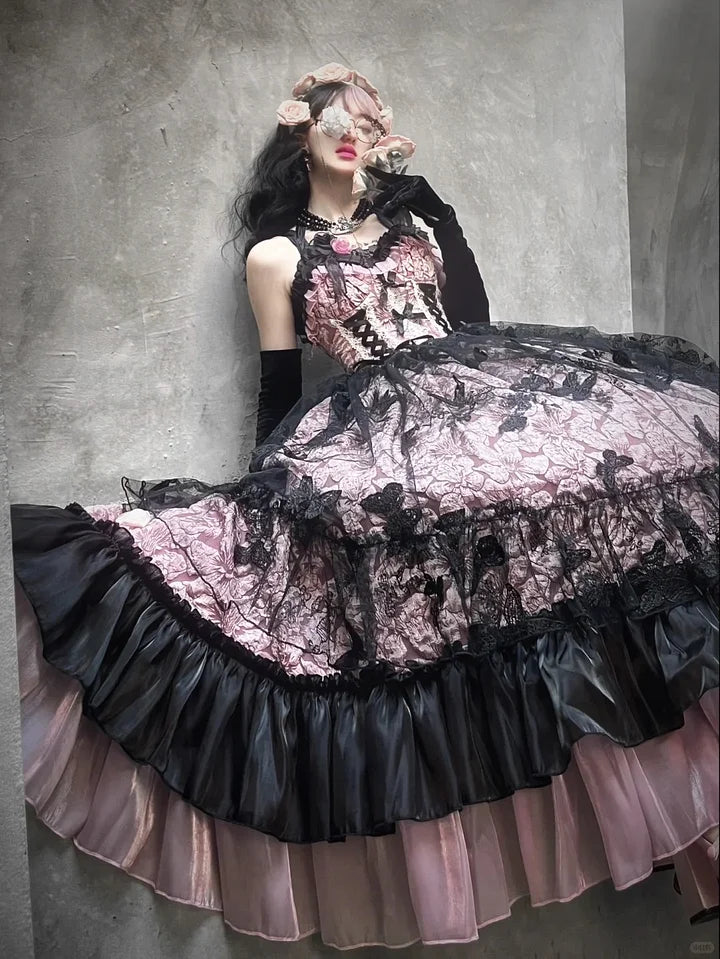 Hime Lolita Tea Party Blue-pink Rose Wedding Ruffles Flowers Floral Print Dresses Graduation Ceremony